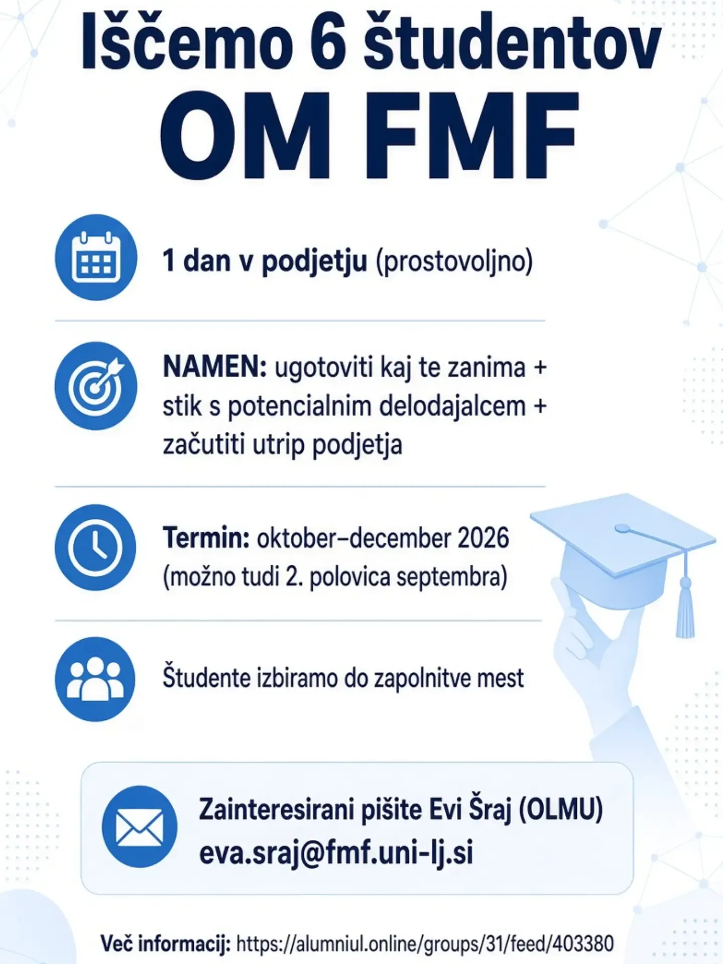 Poziv OM FMF za šest študentov, ki bi en dan preživeli v podjetju